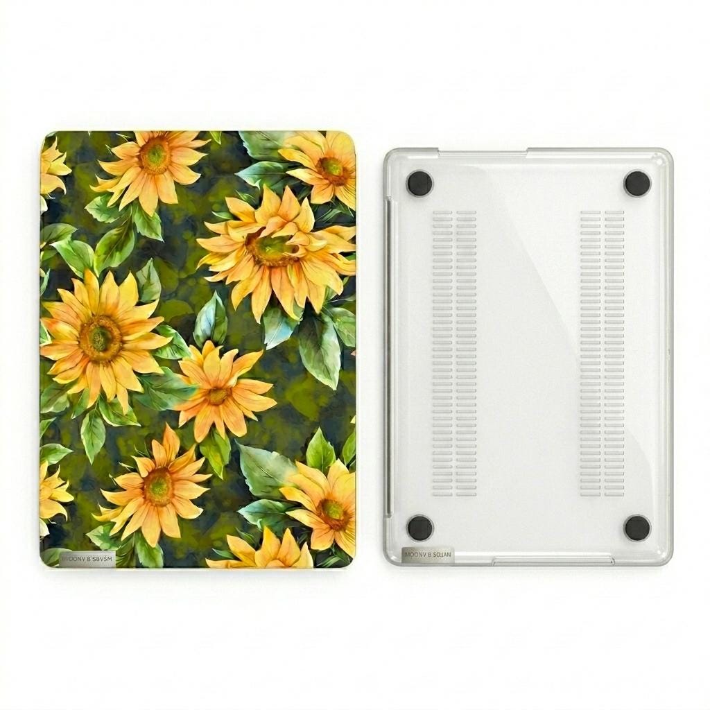 Two-piece sunflower MacBook hard shell case showing printed floral top cover and clear vented bottom shell with rubber feet