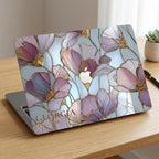 Custom name Georgia EST 2020 stained glass floral MacBook case on wooden desk with succulent, personalized purple gold magnolia hard shell laptop cover