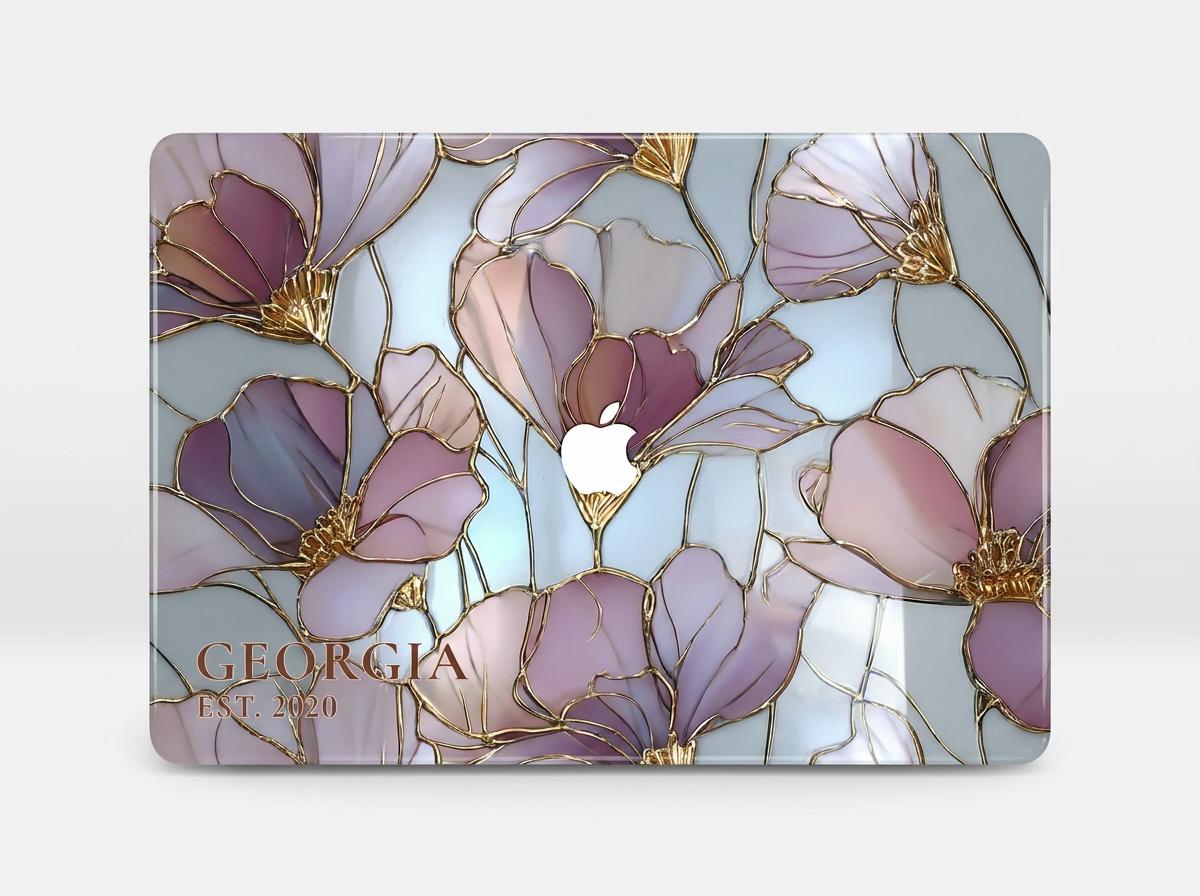 Custom name Georgia EST 2020 stained glass floral MacBook hard shell case white background, personalized purple pink gold magnolia laptop cover gift for her