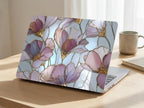 Stained glass floral MacBook case on wooden desk with coffee cup, purple gold magnolia hard shell laptop cover elegant aesthetic gift for her