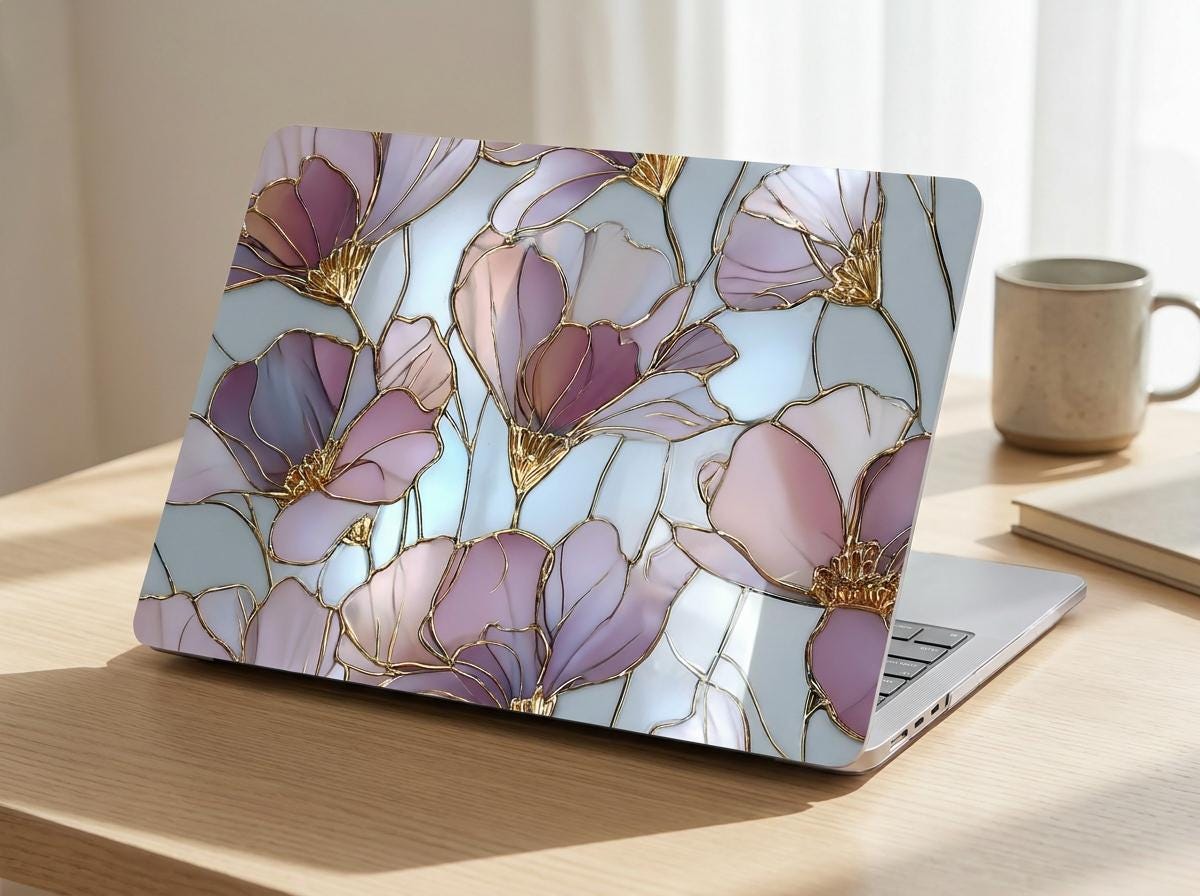 Stained glass floral MacBook case on wooden desk with coffee cup, purple gold magnolia hard shell laptop cover elegant aesthetic gift for her