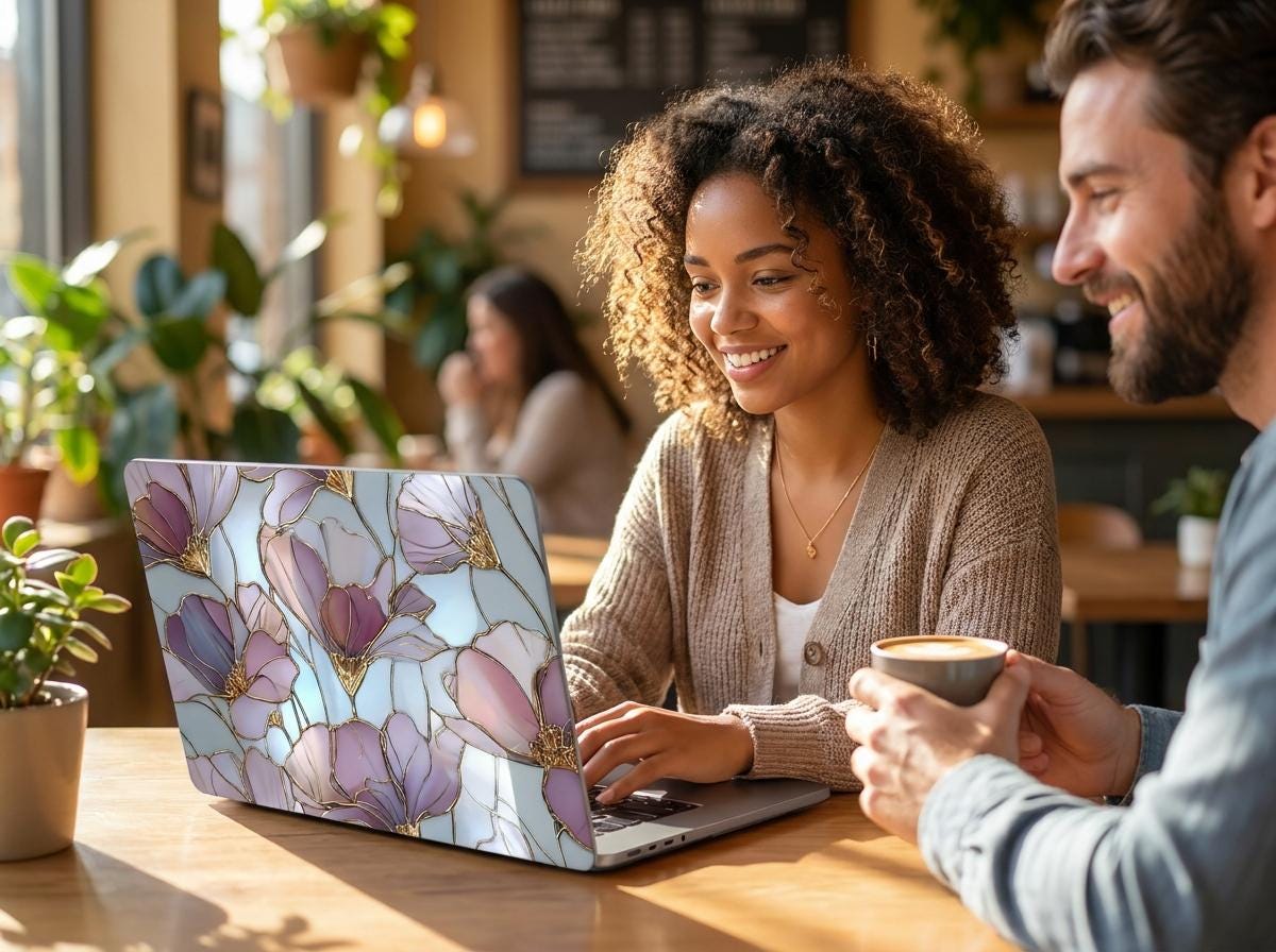 Woman smiling with coffee in cozy cafe with stained glass floral MacBook case, purple gold magnolia hard shell laptop cover aesthetic lifestyle gift for her