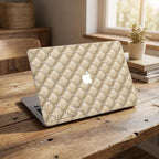 Personalized quilted MacBook case with custom name on rustic wooden desk, beige diamond pattern laptop cover with pearl studs for MacBook Air and Pro