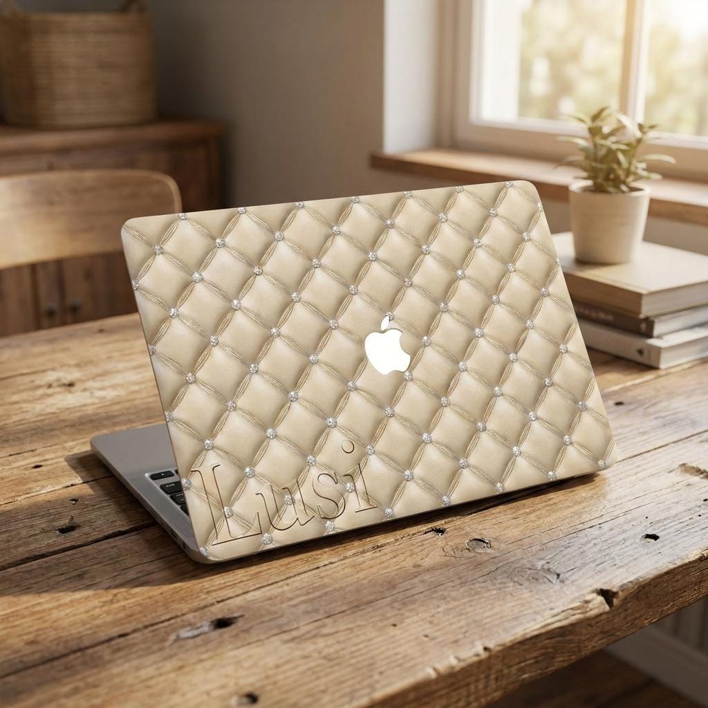 Personalized quilted MacBook case with custom name on rustic wooden desk, beige diamond pattern laptop cover with pearl studs for MacBook Air and Pro