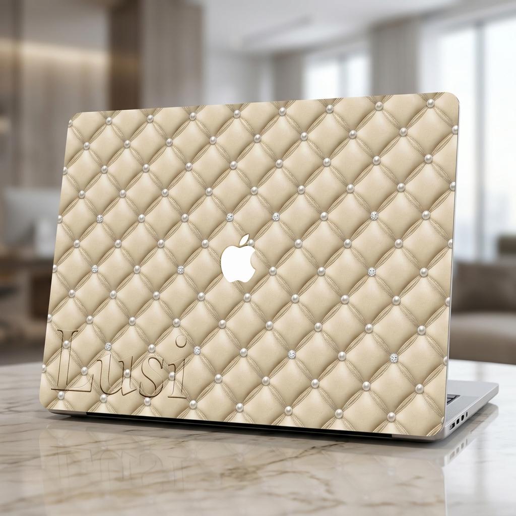 Personalized quilted MacBook case with custom name Lusi on marble surface, beige diamond pattern laptop cover with pearl studs for MacBook Air and Pro