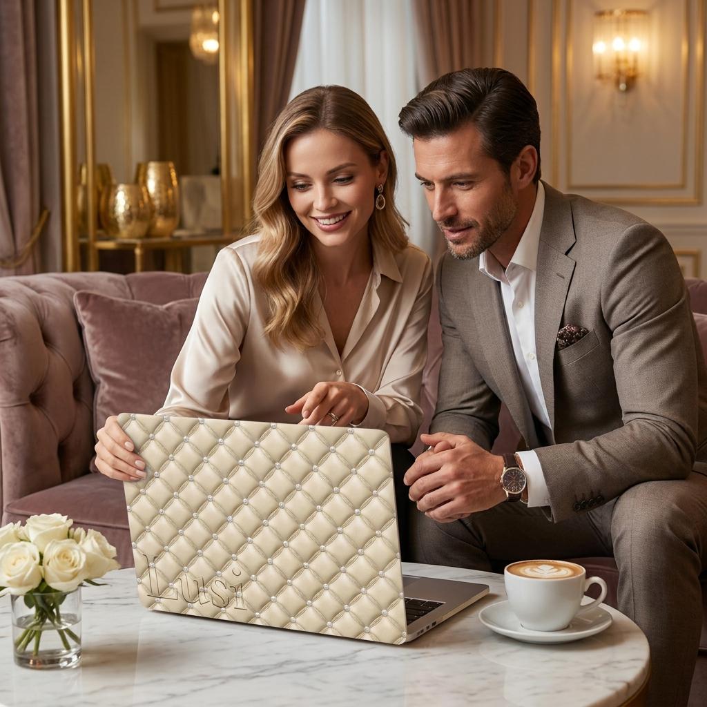 Woman with personalized quilted MacBook case with custom name in elegant interior, beige diamond pattern laptop cover with pearl studs for MacBook Air and Pro
