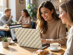 Woman using MacBook with personalized quilted beige case in cozy cafe with friend, diamond pattern laptop cover with pearl studs for MacBook Air and Pro