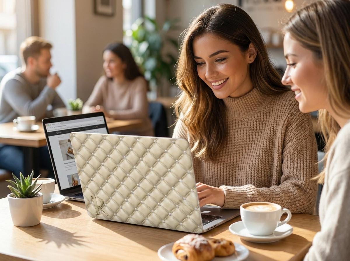 Woman using MacBook with personalized quilted beige case in cozy cafe with friend, diamond pattern laptop cover with pearl studs for MacBook Air and Pro