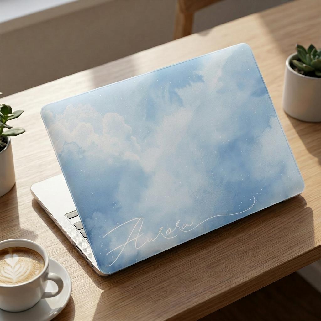 Custom name MacBook case with soft blue watercolor sky and cloud print, personalized with gold signature script name Aurora, flat lay on wooden desk with coffee and succulents