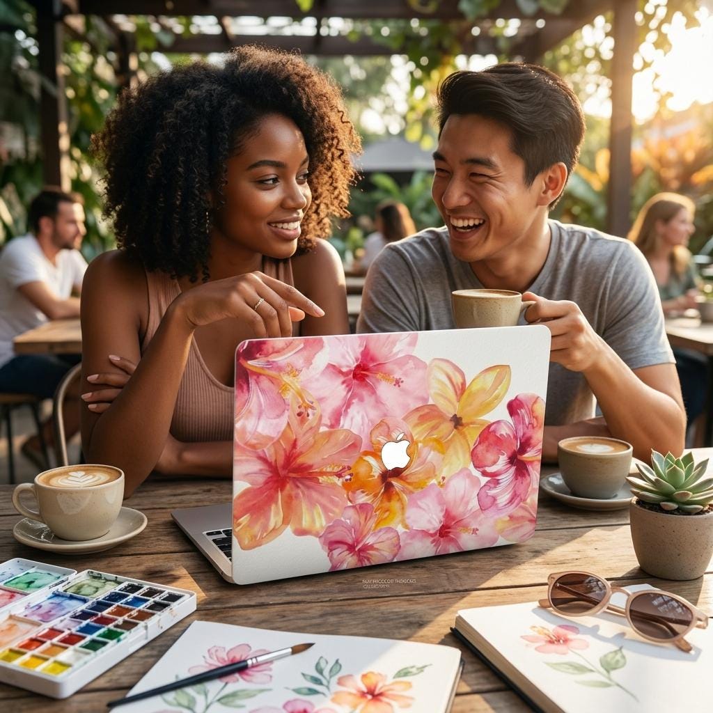 Two people laughing at outdoor cafe with custom watercolor hibiscus MacBook case on table, pink coral floral personalized laptop cover, sunny lifestyle moment