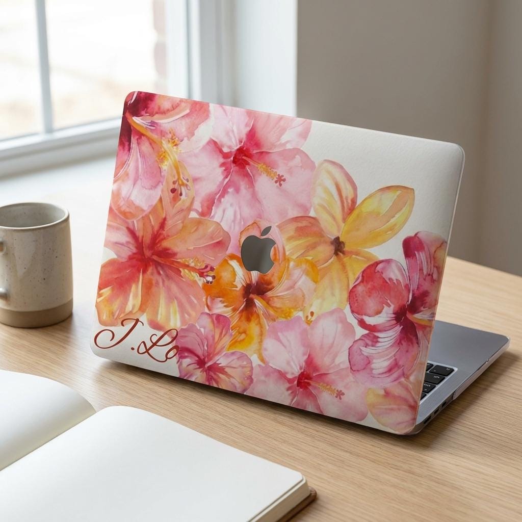 Custom watercolor hibiscus MacBook case with personalized initials, full cover pink coral floral print, minimal desk setup with notebook and mug