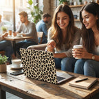 Two smiling women at cafe looking at laptop with leopard print MacBook case, cheetah pattern laptop cover, cozy coffee shop lifestyle