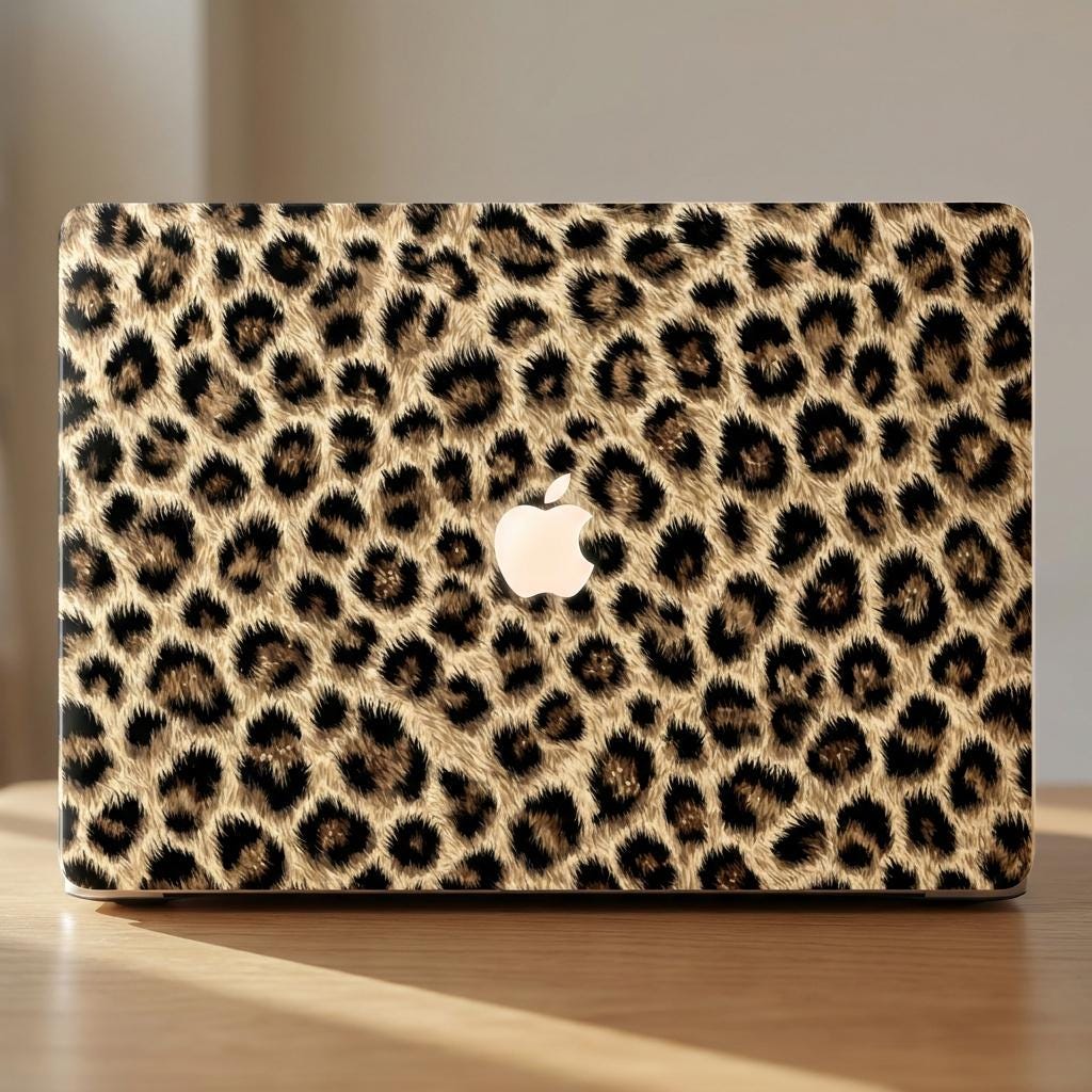 Leopard print MacBook hard shell case close-up, full cover cheetah pattern, warm natural light product shot