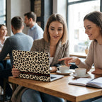 Two women at cafe table pointing at personalized leopard print MacBook case, custom name on red stripe, cheetah laptop cover lifestyle moment
