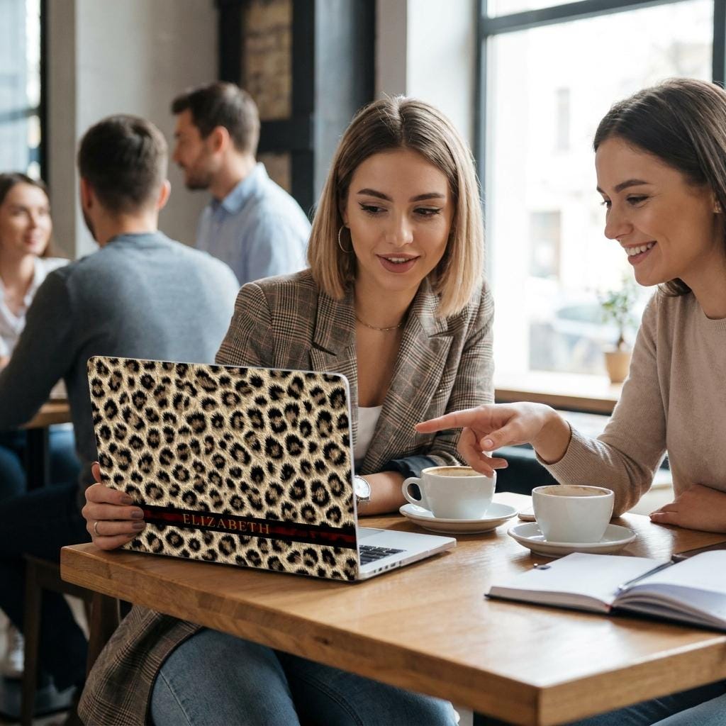 Two women at cafe table pointing at personalized leopard print MacBook case, custom name on red stripe, cheetah laptop cover lifestyle moment