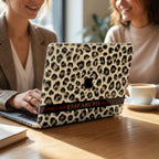 Personalized leopard print MacBook case with custom name on red stripe, cheetah laptop cover, two women at cafe table with coffee