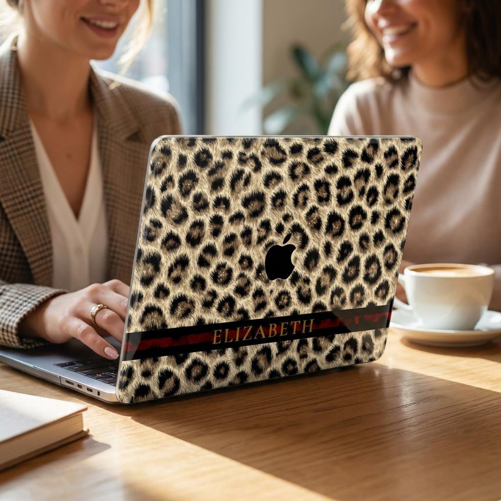 Personalized leopard print MacBook case with custom name on red stripe, cheetah laptop cover, two women at cafe table with coffee