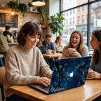 Custom name MacBook case with dark navy botanical floral design, personalized with white script name Helen, lifestyle photo of smiling woman working in busy cafe with friends