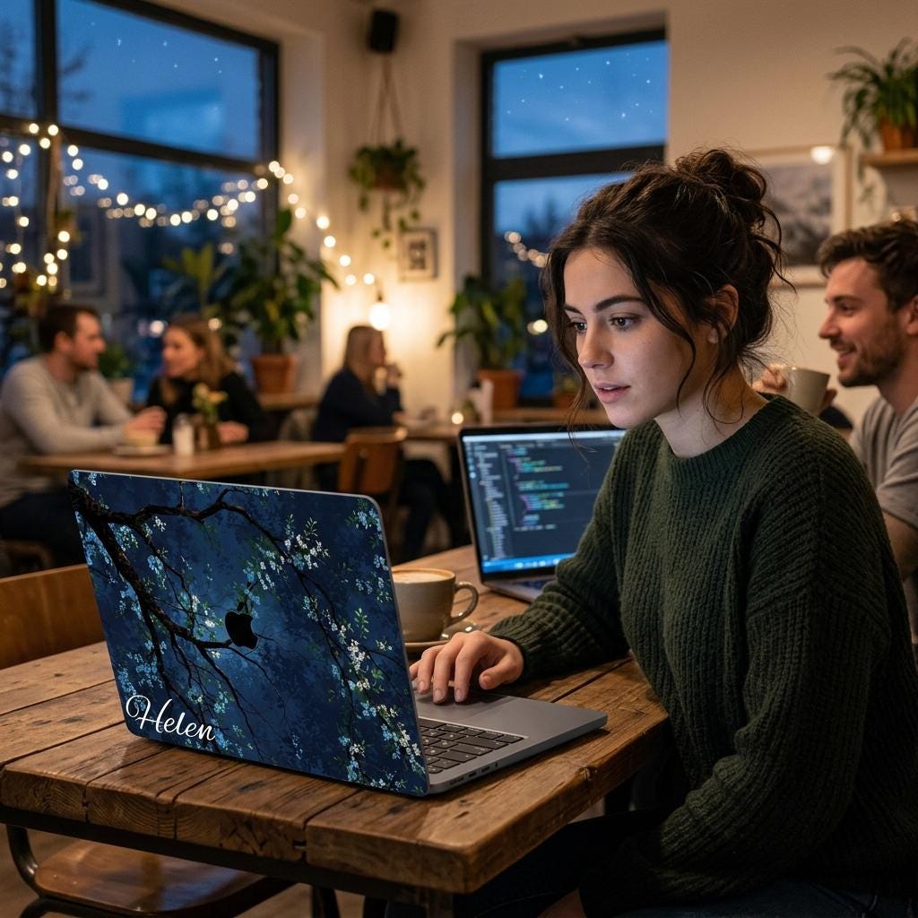Custom name MacBook case with dark navy botanical floral design, personalized with white script name Helen, lifestyle photo of woman working in cozy evening cafe with string lights