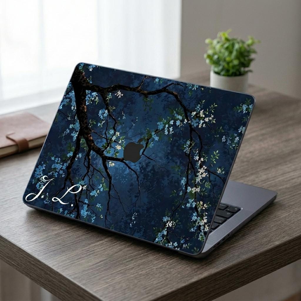 Custom initial MacBook case with dark navy botanical floral design, personalized with white script initials J.L., side angle view on wooden desk with plants and natural light