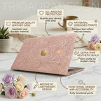 TrioAura Design MacBook case features infographic showing all-around protection, premium quality hard shell, artisanal debossed prints, ultra-thin aesthetic build, lightweight design and functional port access