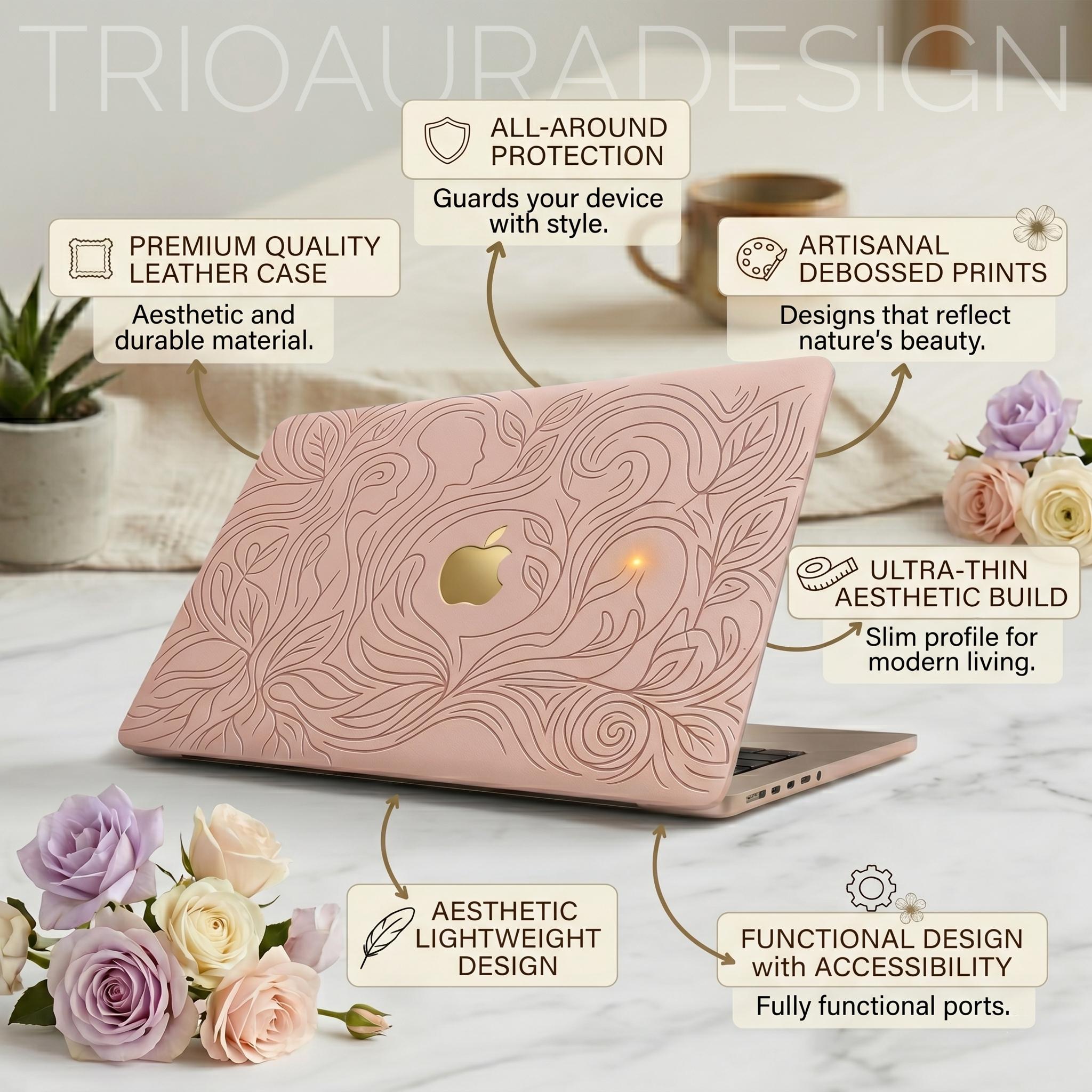 TrioAura Design MacBook case features infographic showing all-around protection, premium quality hard shell, artisanal debossed prints, ultra-thin aesthetic build, lightweight design and functional port access