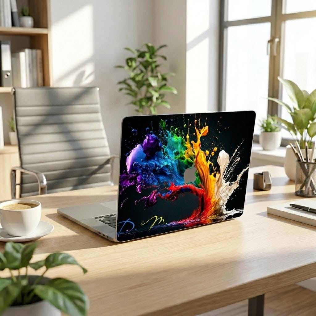Custom paint splash MacBook case on clean office desk, colorful abstract rainbow laptop cover with initials, bright workspace with plants and coffee