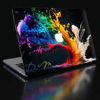 Custom paint splash MacBook case with personalized initials in script, colorful abstract rainbow explosion on black, dark dramatic product shot