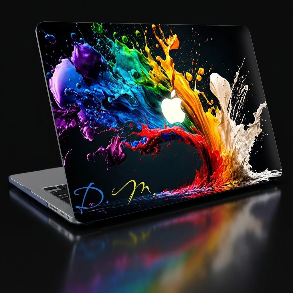 Custom paint splash MacBook case with personalized initials in script, colorful abstract rainbow explosion on black, dark dramatic product shot