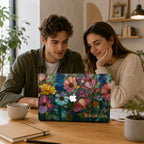 Couple at a wooden table looking at a MacBook in the personalized Colorful Garden stained glass effect case.