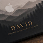 Close-up of the personalized name on a custom mountain MacBook case by TrioAura Design. Detailed UV print on a slim hard shell MacBook Air and MacBook Pro case with crisp lettering and premium finish.