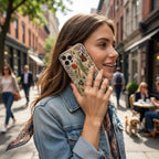 Woman holding a personalized embroidered floral iPhone Tough Case while talking on the phone on a sunny city street. The beige case features colorful wildflowers, a monarch butterfly, a bumblebee, and a hummingbird with a realistic embroidery-effect print. This custom MagSafe-compatible phone case is available from TrioAuraDesign and combines premium everyday protection with a unique nature-inspired design.