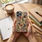 Personalized embroidery-effect floral iPhone Tough Case held in both hands on a wooden desk beside a coffee, notebook, books, and glasses. The beige case features colorful wildflowers, a monarch butterfly, a bumblebee, and a hummingbird with a realistic embroidered look. This custom MagSafe-compatible phone case from TrioAuraDesign combines premium protection with a detailed nature-inspired design for everyday use