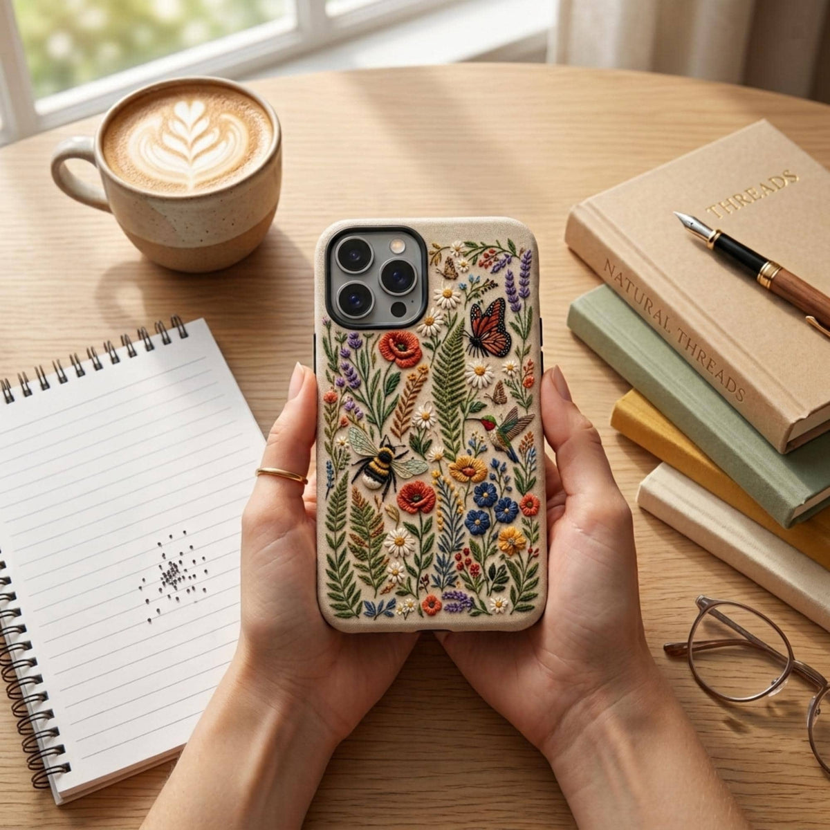 Personalized embroidery-effect floral iPhone Tough Case held in both hands on a wooden desk beside a coffee, notebook, books, and glasses. The beige case features colorful wildflowers, a monarch butterfly, a bumblebee, and a hummingbird with a realistic embroidered look. This custom MagSafe-compatible phone case from TrioAuraDesign combines premium protection with a detailed nature-inspired design for everyday use