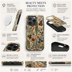 Product infographic for a personalized embroidery-effect iPhone 16 Pro Tough Case by TrioAuraDesign. The beige floral case is shown from the front, side, bottom, and in an exploded dual-layer view. Labels highlight MagSafe compatibility, a rigid polycarbonate shell, shock-absorbing TPU liner, raised camera bezel, precise port cutouts, fade-resistant UV print, and a slim ergonomic profile.