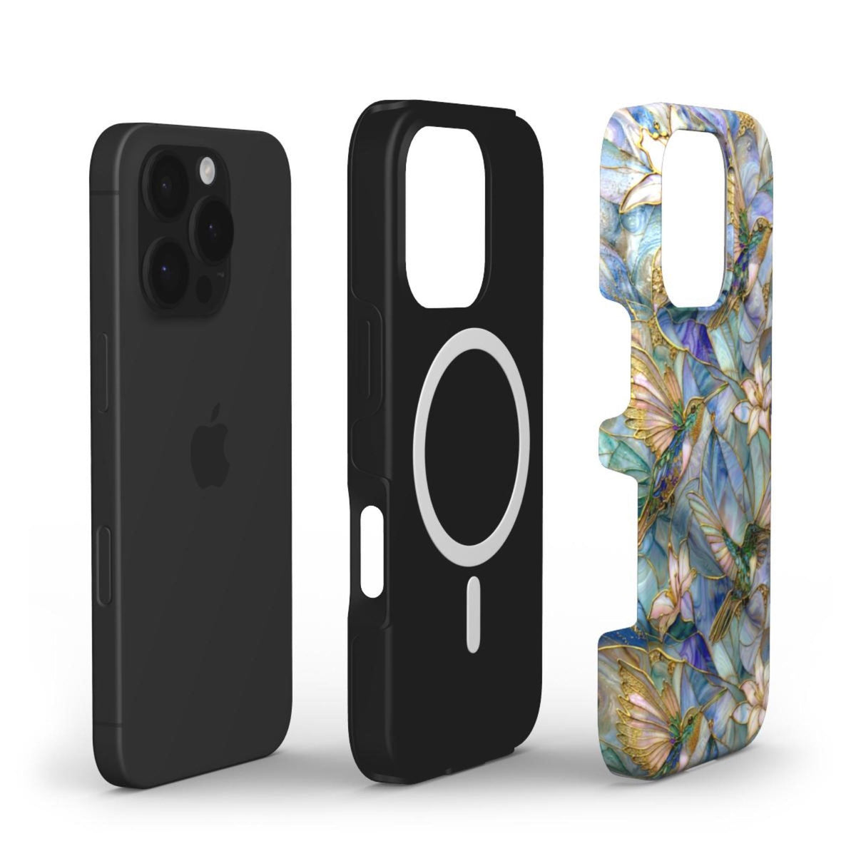 Exploded view of a MagSafe-compatible stained glass effect iPhone case showing the phone, shock-absorbing TPU inner liner, and printed polycarbonate outer shell. The glossy outer case features vibrant hummingbirds, white lilies, and botanical artwork inspired by stained glass in blue, teal, ivory, and gold tones. The image highlights the dual-layer protective construction, precise cutouts, and premium edge-to-edge UV printing. Available from TrioAuraDesign.