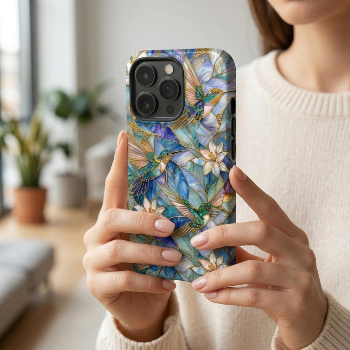 Woman holding a stained glass effect iPhone case with colorful hummingbirds, white lilies, and botanical artwork inspired by classic stained glass windows. The glossy protective case features vibrant blue, teal, ivory, and gold tones with smooth edge-to-edge UV printing. Photographed in soft natural daylight to showcase the elegant artistic design and everyday use. Available from TrioAuraDesign.