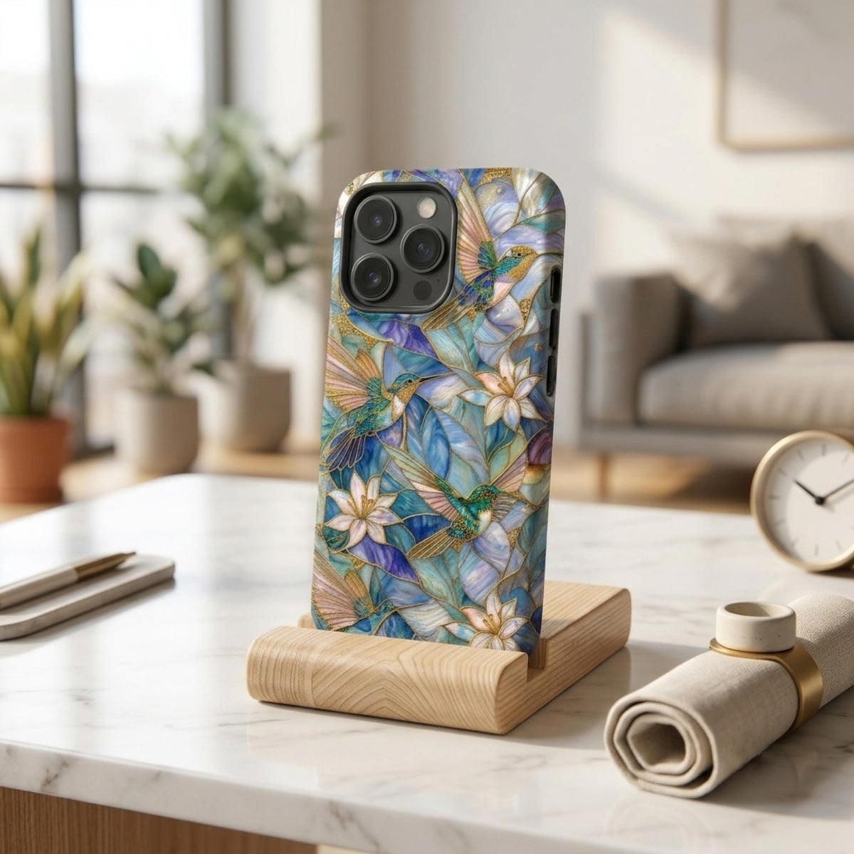 Stained glass hummingbird iPhone case standing on a wooden display stand in a bright modern home interior. The design features vibrant blue and teal stained glass hummingbirds with white lilies and gold outlines, printed on a glossy protective phone case with a smooth finish. Available from TrioAuraDesign.