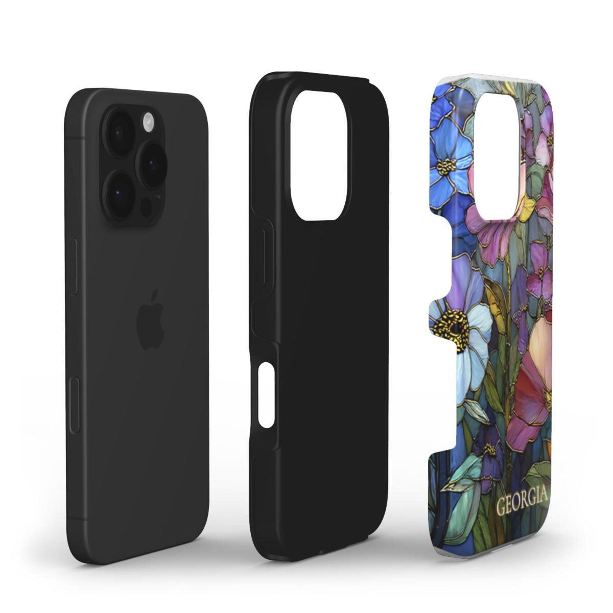 Exploded product view of a personalized iPhone Tough Case showing its dual-layer construction with a black shock-absorbing inner liner and rigid printed outer shell. The outer layer features a colorful stained glass effect with pink, purple, blue and green botanical artwork, golden-looking printed outlines and the custom name Georgia. This view highlights the protective construction and full-wrap print. The stained glass appearance is a printed visual effect from TrioAuraDesign.