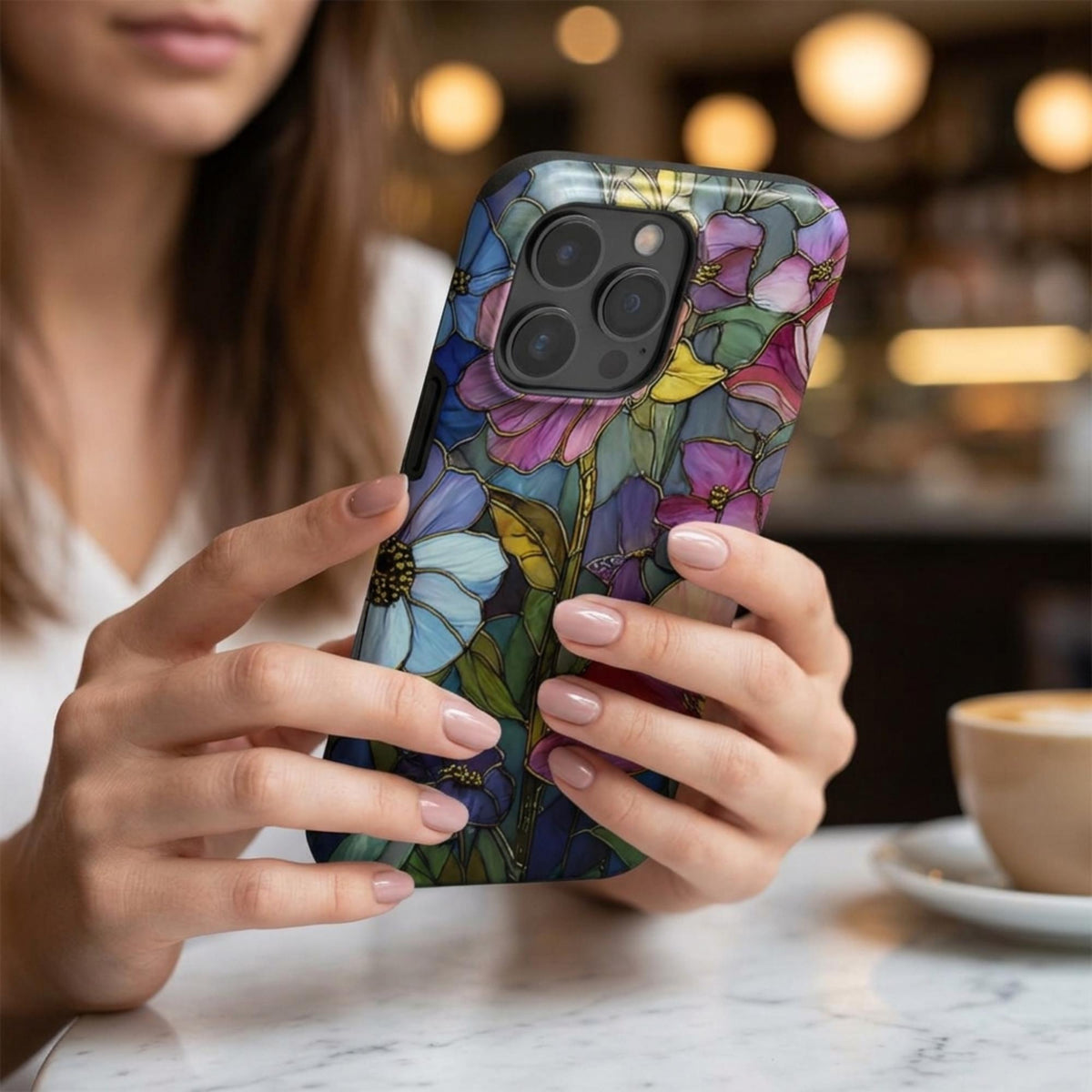 Personalized iPhone case featuring a colorful stained glass effect with layered pink, purple and blue flowers, green leaves and intricate golden-looking printed outlines. A woman holds the botanical case in a café setting, showing the vibrant full-wrap artwork, protective camera area and smooth glossy finish. The stained glass appearance is a printed visual effect with no real glass, metal or raised texture. Tough and MagSafe Tough options available from TrioAuraDesign.