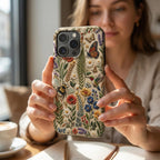 Woman holding a personalized embroidery-effect floral iPhone 16 Pro Tough Case in a bright café setting. The beige case features colorful wildflowers, a monarch butterfly, a bumblebee, and a hummingbird with a realistic embroidered appearance. This custom MagSafe-compatible phone case from TrioAuraDesign combines premium dual-layer protection with a detailed botanical design inspired by nature.