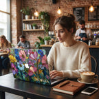 Woman working in a café on a MacBook in the Colorful Garden stained glass effect case personalized with Georgia.