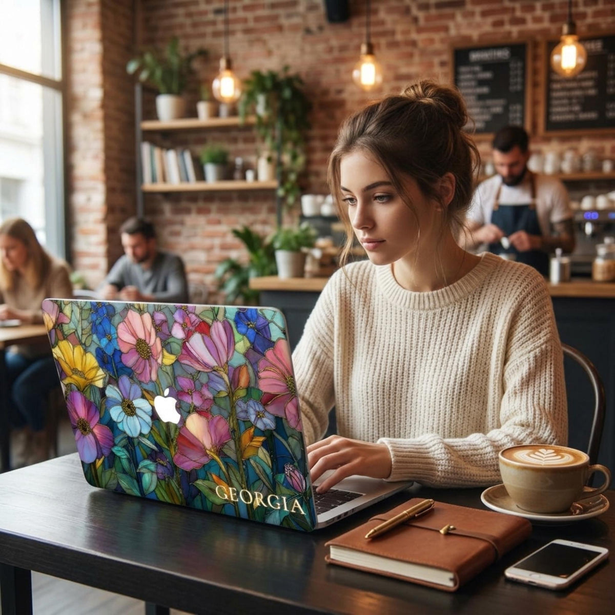 Woman working in a café on a MacBook in the Colorful Garden stained glass effect case personalized with Georgia.