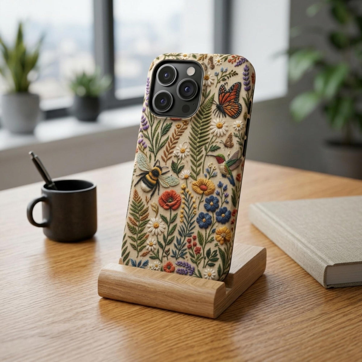 Embroidery Effect iPhone Case, Botanical Wildflower MagSafe Tough Case