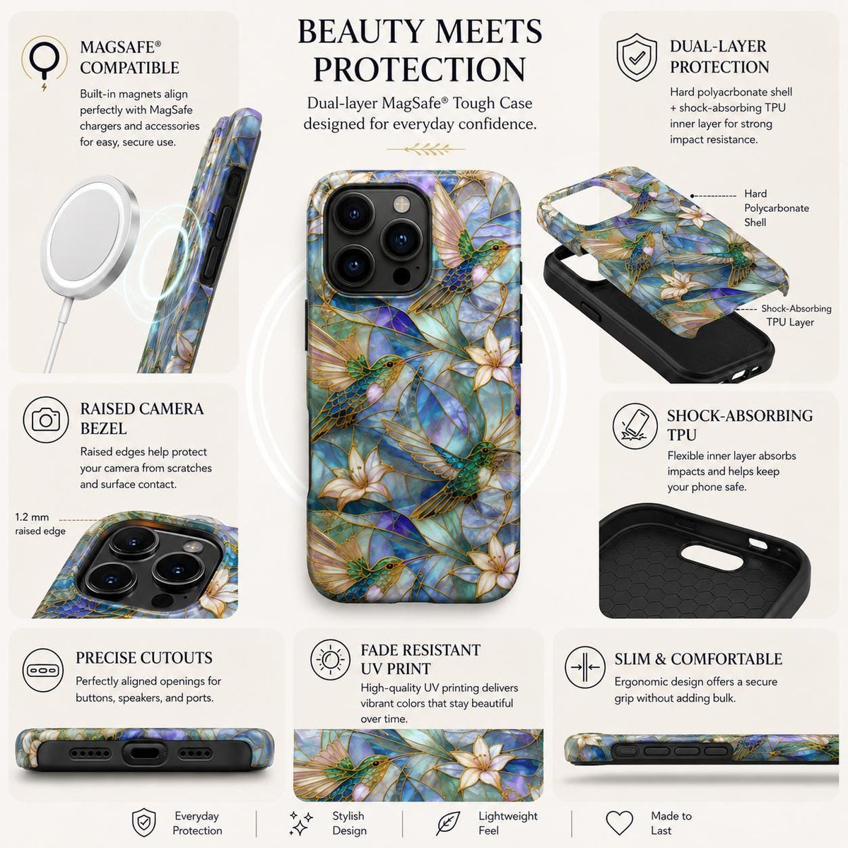 Product infographic showcasing a stained glass effect MagSafe-compatible iPhone case featuring vibrant hummingbirds,white lilies,and botanical artwork in rich blue,teal, ivory, and gold tones. The infographic highlights dual-layer protection, shock-absorbing TPU inner liner, hard polycarbonate shell, raised camera bezel, precise cutouts, UV fade-resistant printing, slim ergonomic design, and built-in MagSafe compatibility. Smooth glossy printed stained glass effect. Available from TrioAuraDesign