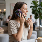Woman using an iPhone case with a colorful stained glass effect featuring layered pink, purple and blue flowers, green leaves and intricate golden-looking printed outlines. The lifestyle café scene shows how the botanical case looks during everyday use while highlighting the full-wrap artwork and protective camera area. The stained glass appearance is a printed visual effect on a smooth glossy Tough or MagSafe Tough case from TrioAuraDesign.