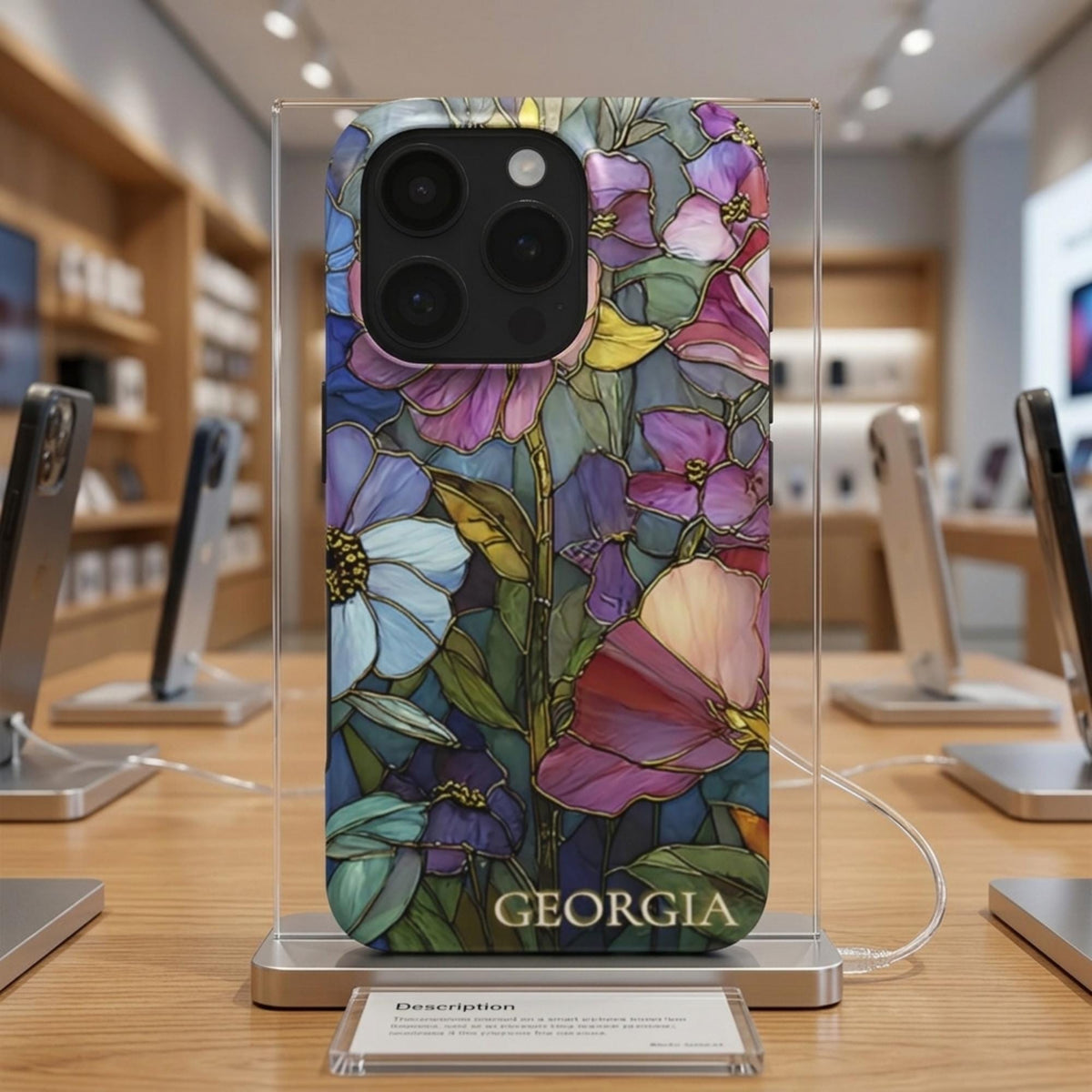 Personalized iPhone case with the custom name Georgia displayed upright in a modern phone store, featuring a colorful stained glass effect with layered pink, purple, blue, green and yellow botanical artwork and intricate golden-looking printed outlines. The product-focused view clearly shows the full-wrap design, personalization and protective camera area. The stained glass appearance is a printed visual effect on a smooth glossy Tough or MagSafe Tough case from TrioAuraDesign.