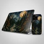 Matching personalized MacBook hard shell case and phone case featuring a stained glass effect dark forest with evergreen trees, blue mountains, golden autumn leaves, winding path and glowing full moon. The custom name “TEONA” is printed in light serif lettering along the bottom of both cases. Coordinating laptop cover for MacBook Air 13 15, MacBook Pro 13 14 16 and MacBook Neo, shown with matching phone case by TrioAuraDesign.