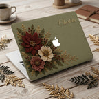 Personalized sage green Crochet effect floral MacBook case from TrioAuraDesign, featuring deep burgundy, ivory and dusty rose flowers with botanical greenery, red berries and gold-toned details. Custom name “Charlotte” appears in elegant gold script at the upper right, with the Apple logo visible at center. Smooth printed hard shell laptop cover with a rich botanical look, available in my shop for MacBook Air, Pro and Neo models.
