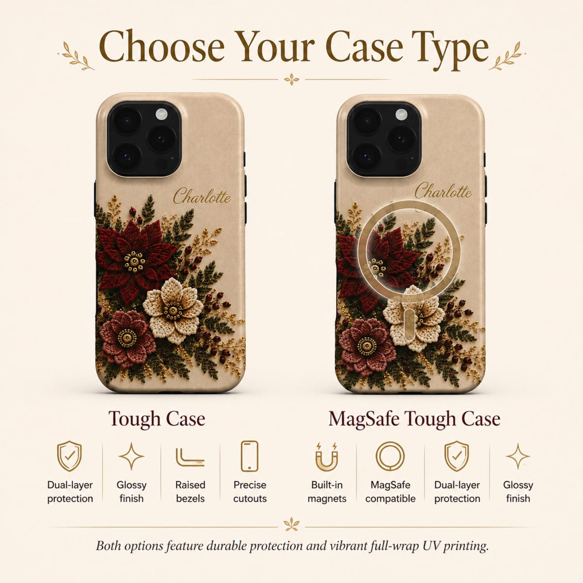 Tough Case and MagSafe Tough Case comparison infographic from TrioAuraDesign, showing two personalized floral iPhone case options with burgundy, ivory and dusty rose embroidery-effect flowers. The Tough Case features dual-layer protection, raised bezels and precise cutouts, while the MagSafe Tough Case adds built-in magnets for MagSafe chargers and accessories. Both have a glossy finish and vibrant full-wrap printing.